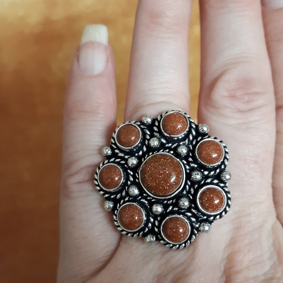 New Sunstone Sandstone Adjustable Silver Cocktail Ring. - Picture 6 of 8